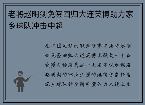 老将赵明剑免签回归大连英博助力家乡球队冲击中超