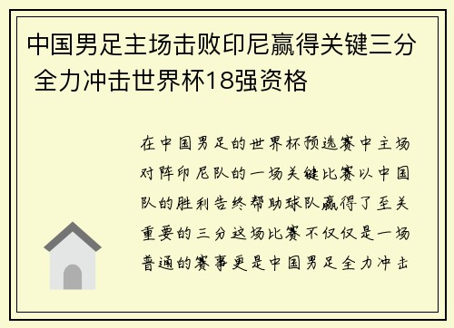 中国男足主场击败印尼赢得关键三分 全力冲击世界杯18强资格